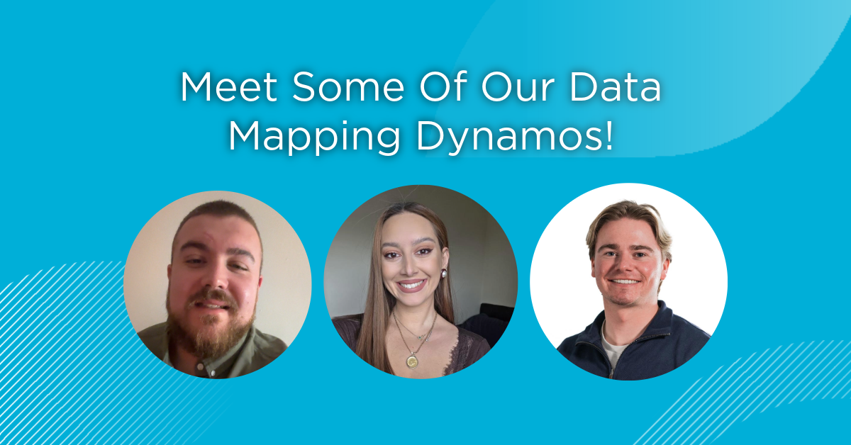 A graphic depicting three members of Creditsafe's Data Mapping Team: Kat, Rory, and Kye. This is for a blog introducing them and their roles.