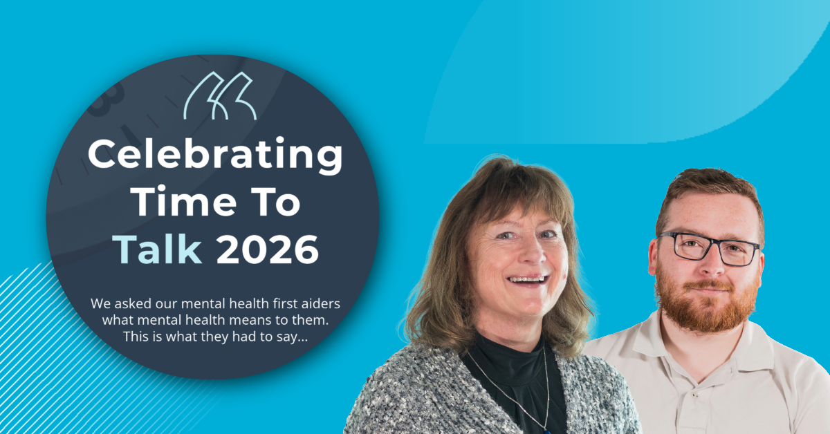A cover photo for a blog on time to talk day, with a caption about us asking our mental health first aiders about the day, with two of them also featured on the cover.